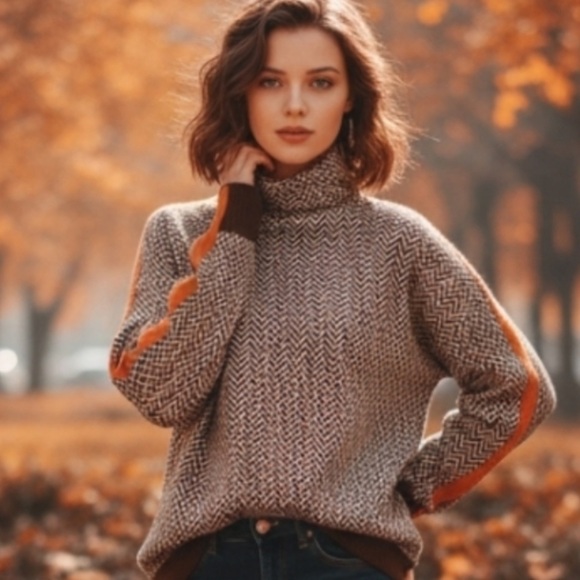 Cezele Women’s Brown Herringbone Knit w Orange Details Turtleneck Sweater L EUC - Picture 11 of 11
